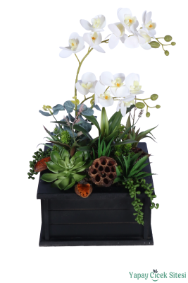 Ahşap Saksıda Dekoratif Masa Çiçeği Model 2 - Yapay Çiçek Sitesi