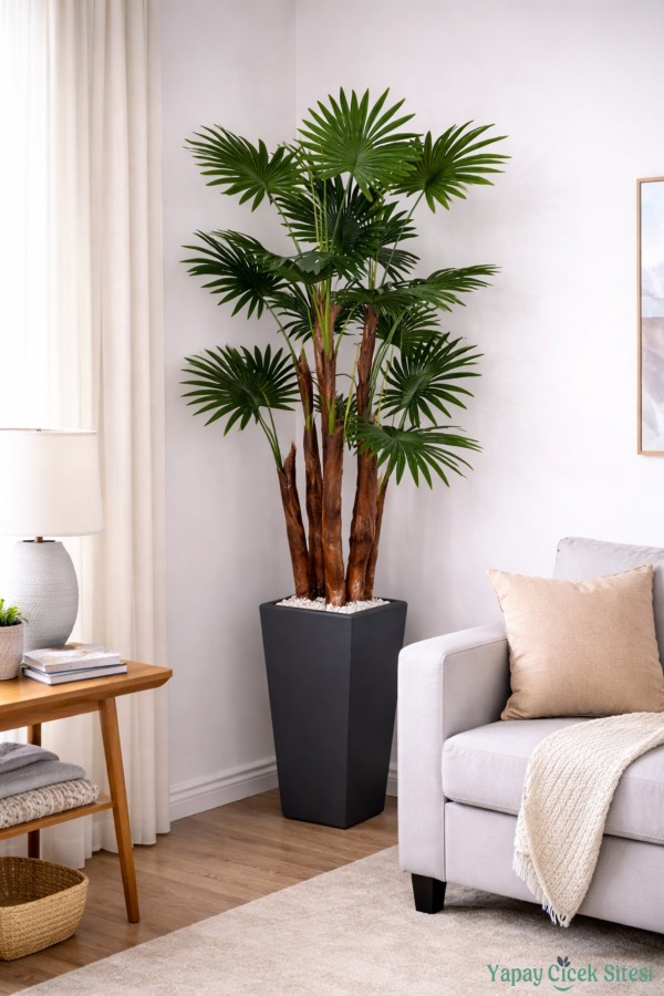 Ahşap Saksıda Yapay Yelpaze Palmiye Ağacı 200 cm - 5