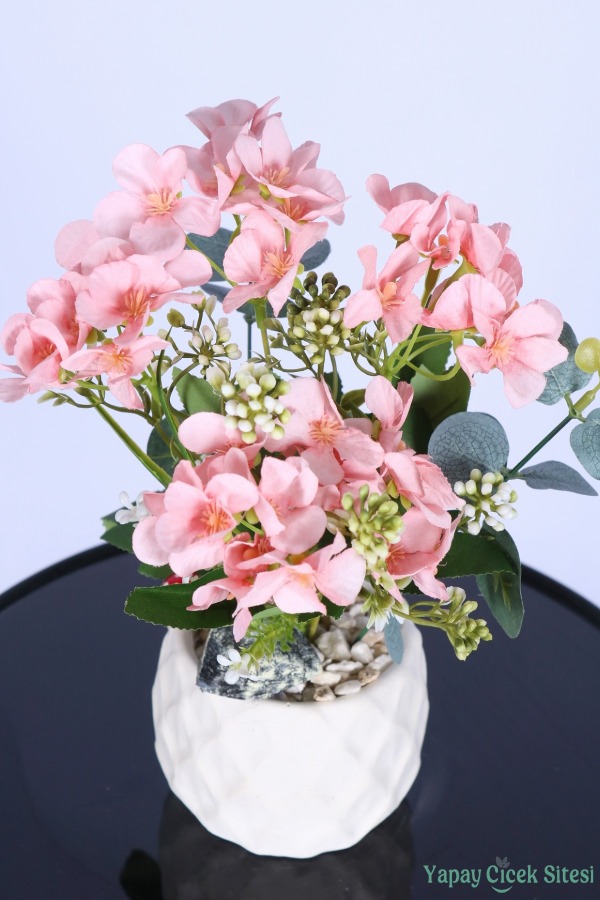 Beton Saksıda Yapay Şeftali Çiçeği Tanzimi Açık Pembe - 2