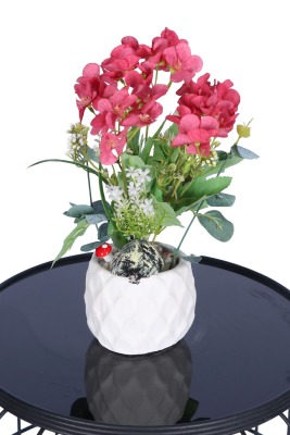 Beton Saksıda Yapay Şeftali Çiçeği Tanzimi Fuşya - Yapay Çiçek Sitesi