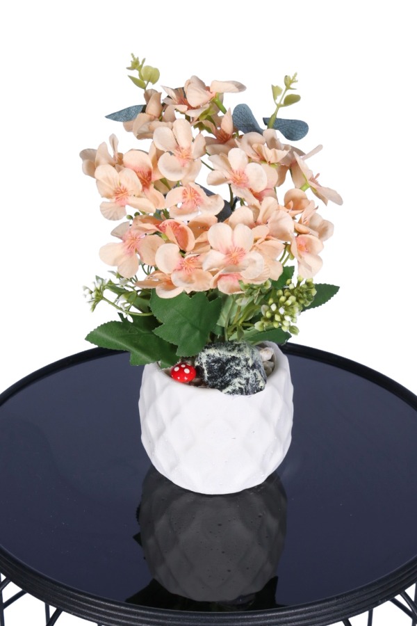 Beton Saksıda Yapay Şeftali Çiçeği Tanzimi Somon - 1