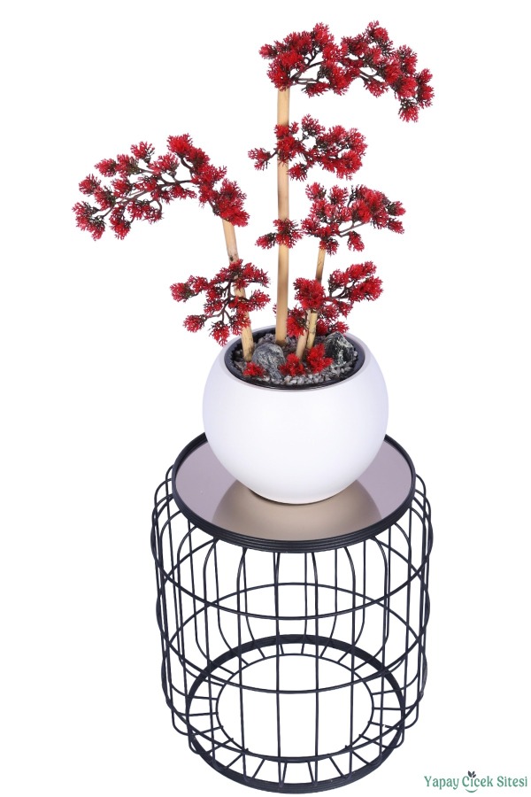 Beyaz Küre Saksıda Modern Minimal Tasarım Yapay Bonsai Ağacı Kırmızı 65 cm - 2