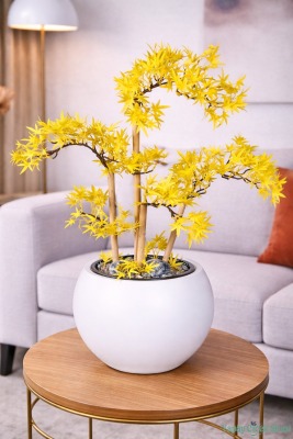Beyaz Küre Saksıda Modern Minimal Tasarım Yapay Bonsai Ağacı Sarı 65 cm - Yapay Çiçek Sitesi