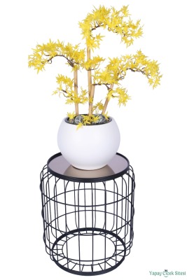 Beyaz Küre Saksıda Modern Minimal Tasarım Yapay Bonsai Ağacı Sarı 65 cm - 3