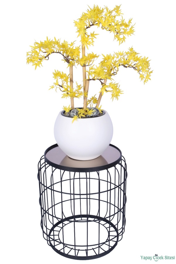 Beyaz Küre Saksıda Modern Minimal Tasarım Yapay Bonsai Ağacı Sarı 65 cm - 3