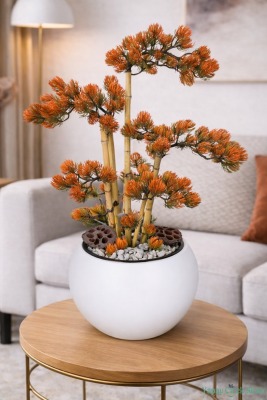 Beyaz Küre Saksıda Modern Minimal Tasarım Yapay Bonsai Ağacı Turuncu 65 cm - Yapay Çiçek Sitesi