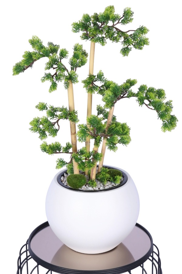 Beyaz Küre Saksıda Modern Minimal Tasarım Yapay Bonsai Ağacı Yeşil 65 cm - 2