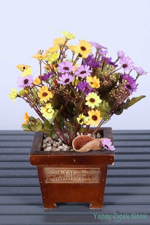 Dekoratif Ahşap Saksıda Yapay Papatya Tanzimi 30 Cm - 1