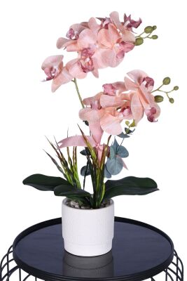 Dekoratif Beton Saksıda Yapay 2 Dal Orkide Çiçeği Somon - Yapay Çiçek Sitesi