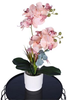 Dekoratif Beton Saksıda Yapay 2 Dal Orkide Çiçeği Somon - 5