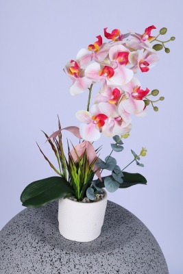 Dekoratif Beton Saksıda Yapay 2 Dal Orkide Çiçeği Fuşya-Beyaz - 2