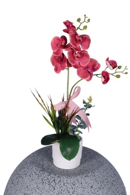 Dekoratif Beton Saksıda Yapay 2 Dal Orkide Çiçeği Pembe - Yapay Çiçek Sitesi