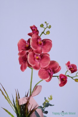 Dekoratif Beton Saksıda Yapay 2 Dal Orkide Çiçeği Pembe - 3
