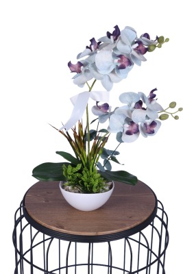 Dekoratif Melamin Saksıda Bol Yeşillikli Orkide Tanzimi Beyaz - Yapay Çiçek Sitesi