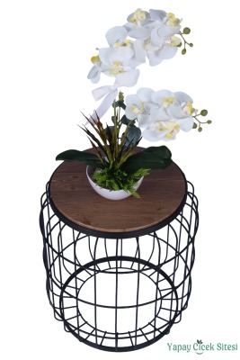 Dekoratif Melamin Saksıda Bol Yeşillikli Orkide Tanzimi Beyaz - 2