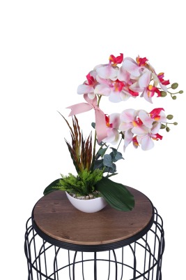 Dekoratif Melamin Saksıda Bol Yeşillikli Orkide Tanzimi Pembe - Yapay Çiçek Sitesi