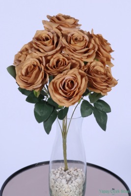 Gerçek Görünümlü Katmerli Yapay Gül Demeti Bakır 9 Dal - Yapay Çiçek Sitesi