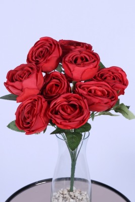 Gerçek Görünümlü Katmerli Yapay Gül Demeti Kırmızı 9 Dal - 2