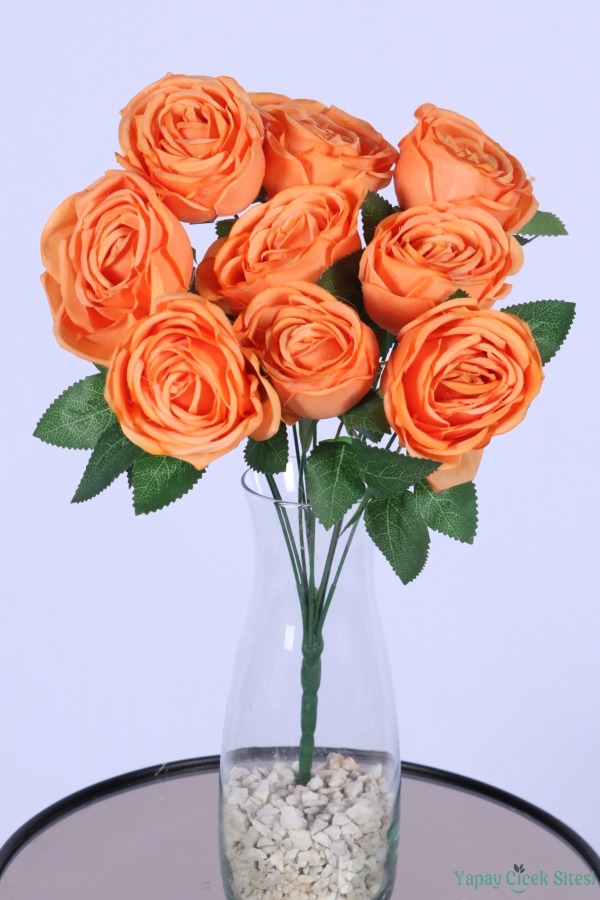 Gerçek Görünümlü Katmerli Yapay Gül Demeti Turuncu 9 Dal - 1