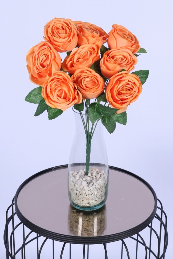 Gerçek Görünümlü Katmerli Yapay Gül Demeti Turuncu 9 Dal - 2