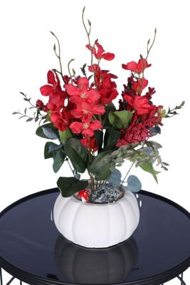 Küçük Kabak Beton Saksıda Yapay Yasemin Çiçeği Kırmızı - Yapay Çiçek Sitesi