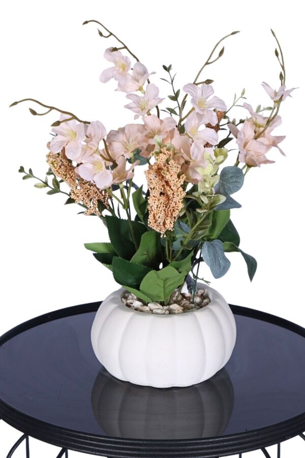 Küçük Kabak Beton Saksıda Yapay Yasemin Çiçeği Krem - 1