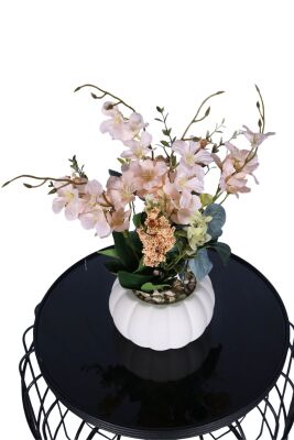 Küçük Kabak Beton Saksıda Yapay Yasemin Çiçeği Krem - 2