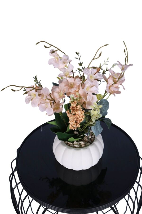 Küçük Kabak Beton Saksıda Yapay Yasemin Çiçeği Krem - 2