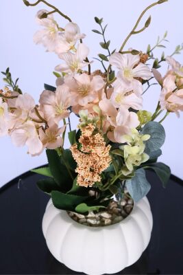 Küçük Kabak Beton Saksıda Yapay Yasemin Çiçeği Krem - 3