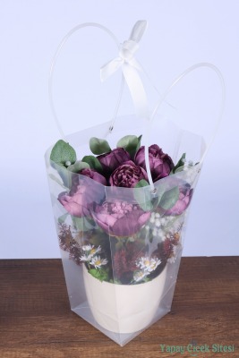 Saksılı Çiçek Aranjmanı (Şeffaf Çanta Hediyeli) Model 10 - 2
