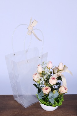 Saksılı Çiçek Aranjmanı (Şeffaf Çanta Hediyeli) Model 11 - Yapay Çiçek Sitesi