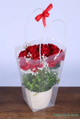 Saksılı Çiçek Aranjmanı (Şeffaf Çanta Hediyeli) Model 6 - 2