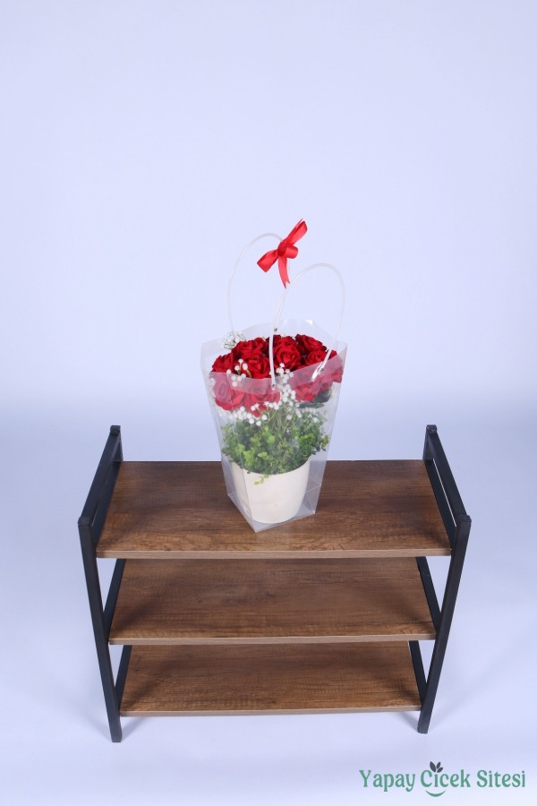Saksılı Çiçek Aranjmanı (Şeffaf Çanta Hediyeli) Model 6 - 3