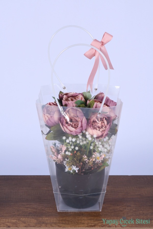 Saksılı Çiçek Aranjmanı (Şeffaf Çanta Hediyeli) Model 7 - 2