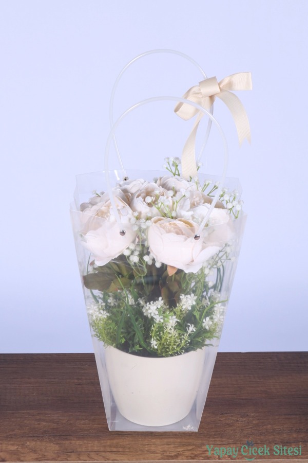 Saksılı Çiçek Aranjmanı (Şeffaf Çanta Hediyeli) Model 9 - 2