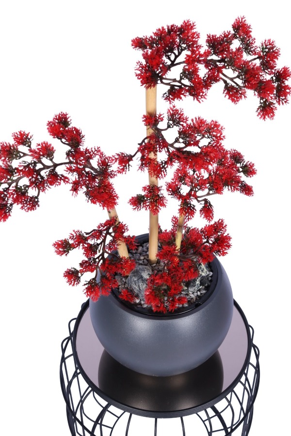 Antrasit Küre Saksıda Modern Minimal Tasarım Yapay Bonsai Ağacı Kırmızı 65 cm - 4