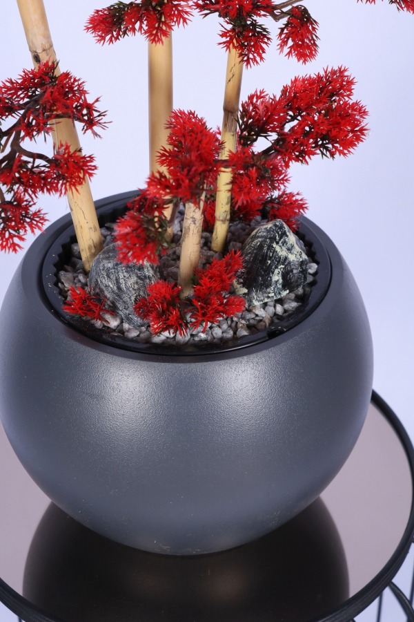 Antrasit Küre Saksıda Modern Minimal Tasarım Yapay Bonsai Ağacı Kırmızı 65 cm - 5