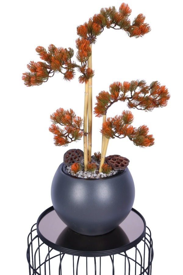 Antrasit Küre Saksıda Modern Minimal Tasarım Yapay Bonsai Ağacı Turuncu 65 cm - 2