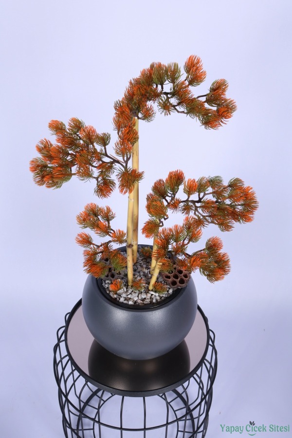 Antrasit Küre Saksıda Modern Minimal Tasarım Yapay Bonsai Ağacı Turuncu 65 cm - 4