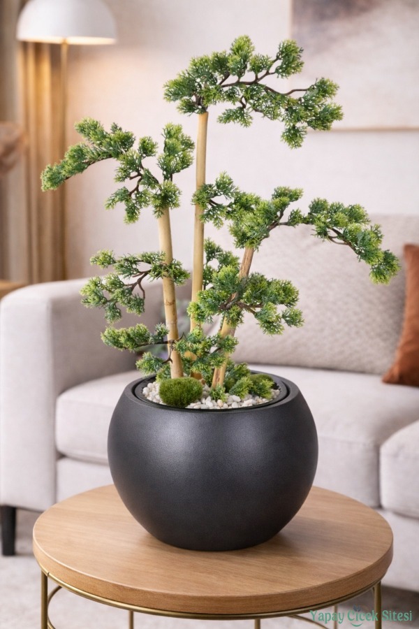 Antrasit Küre Saksıda Modern Minimal Tasarım Yapay Bonsai Ağacı Yeşil 65 cm - 1