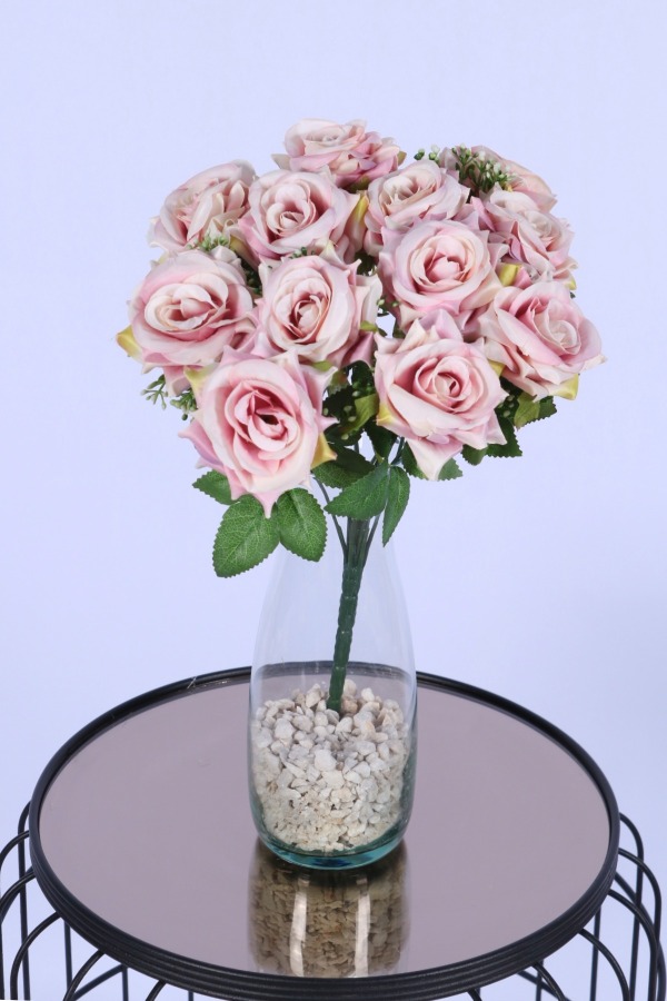 Tomurcuk Detaylı Yapay Gül Demeti Açık Pembe 12 Dal - 2