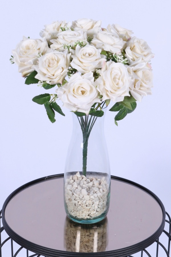 Tomurcuk Detaylı Yapay Gül Demeti Beyaz 12 Dal - 1