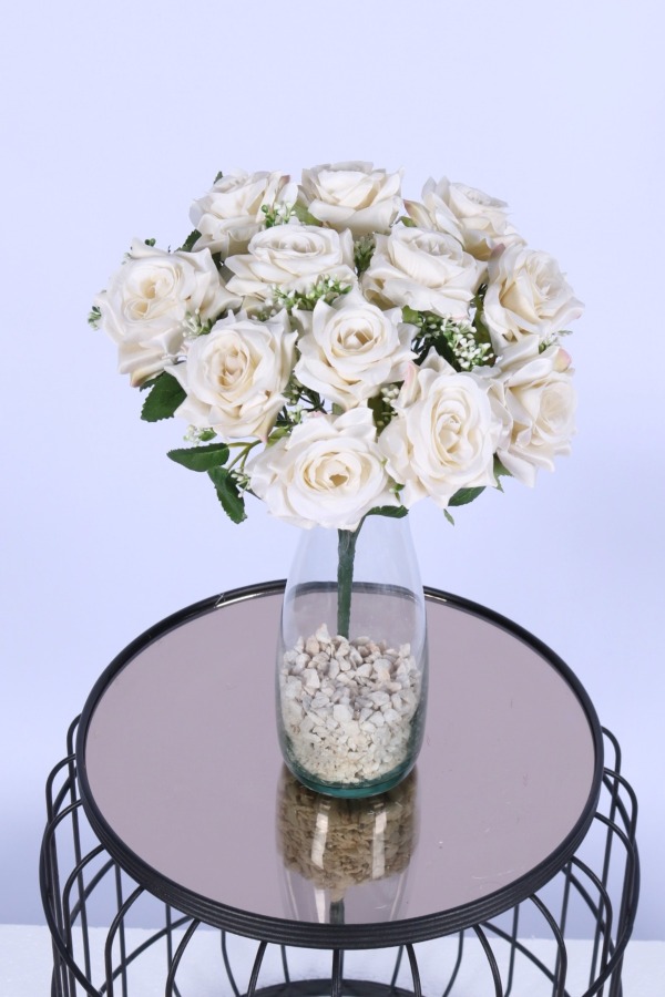 Tomurcuk Detaylı Yapay Gül Demeti Beyaz 12 Dal - 3