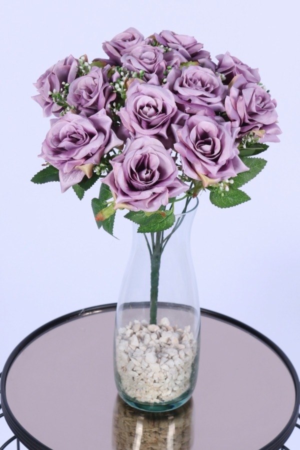 Tomurcuk Detaylı Yapay Gül Demeti Lila 12 Dal - 1