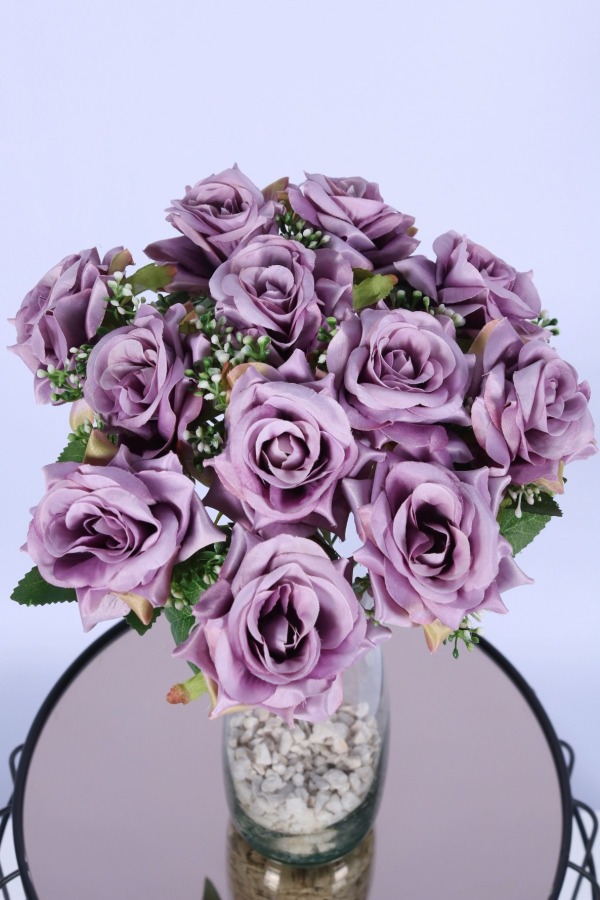 Tomurcuk Detaylı Yapay Gül Demeti Lila 12 Dal - 2