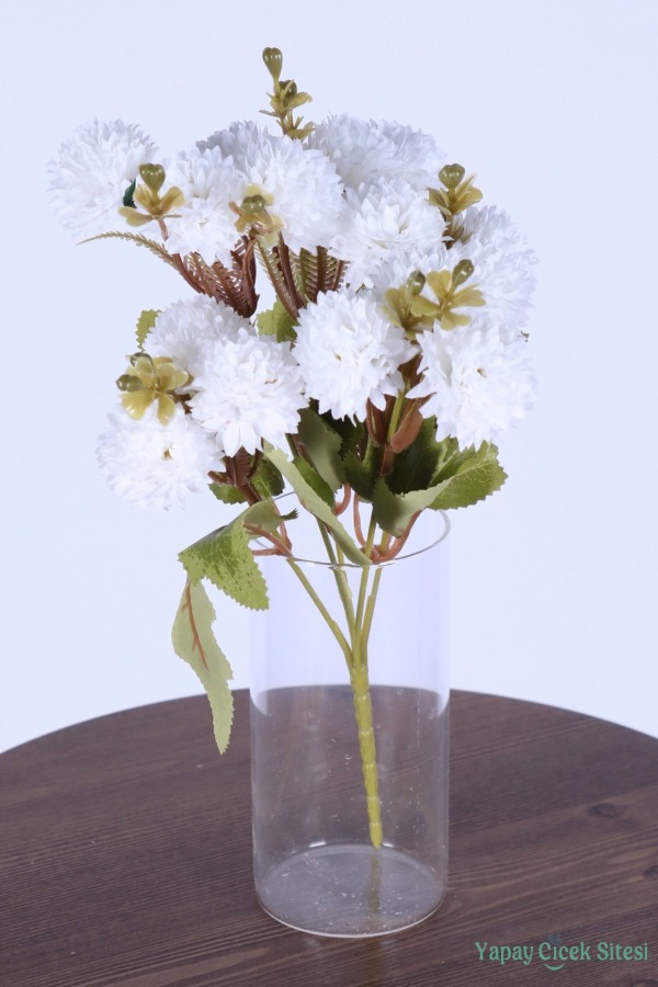 Yapay 15 Kafalı Top Krizantem Demeti 32 Cm Beyaz - 1