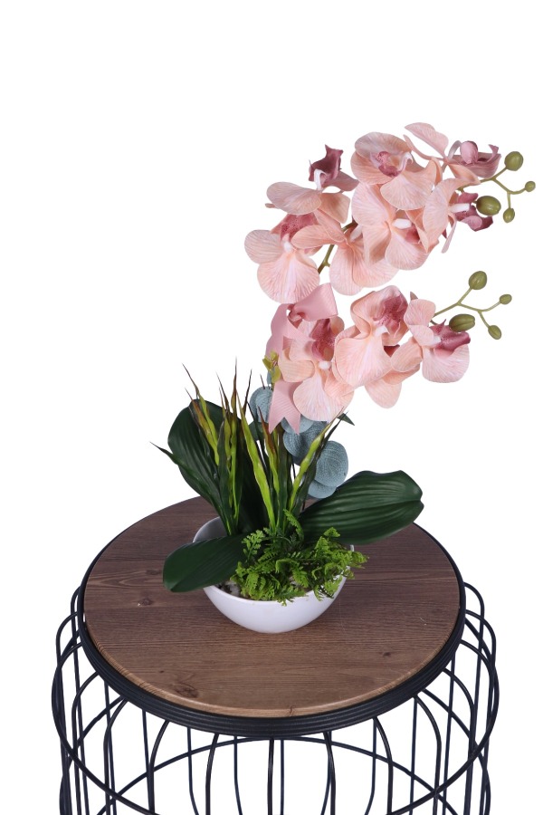 Yapay Çiçek Sitesi Dekoratif Melamin Saksıda Bol Yeşillikli Orkide Tanzimi Açık Pembe - 1
