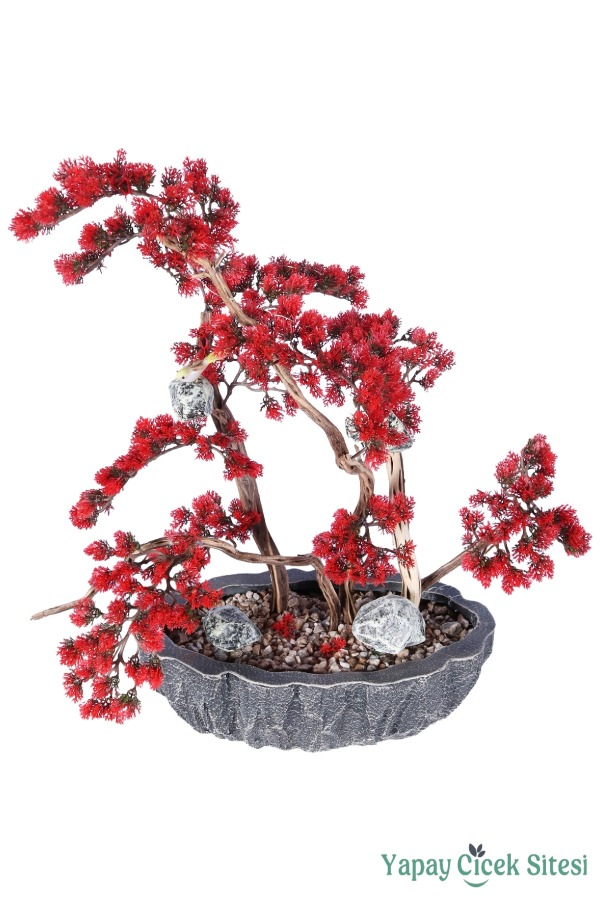 Fiber Saksılı Premium Yapay Kuşlu Bonsai Ağaç Kırmızı 70 Cm - 1
