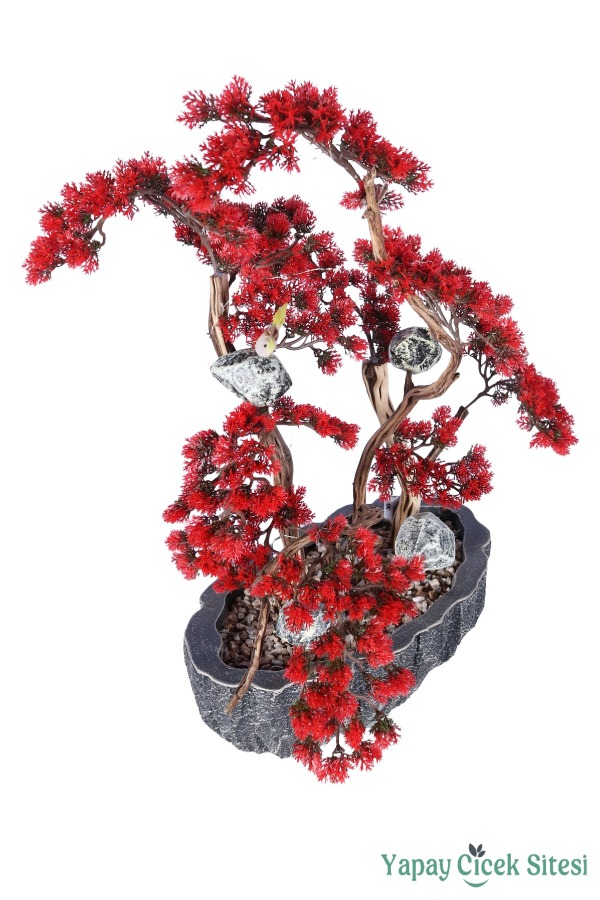 Fiber Saksılı Premium Yapay Kuşlu Bonsai Ağaç Kırmızı 70 Cm - 2