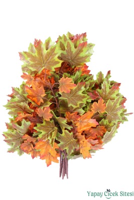 Yapay Çınar Ağacı Dalı 25 Yapraklı 70 Cm 12 Adet Yeşil-Turuncu - 3